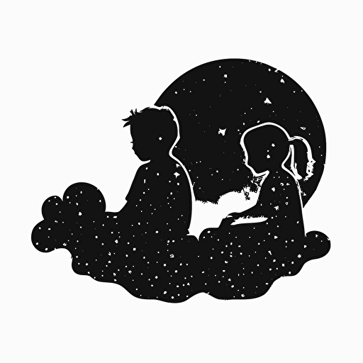 simple logo, vector, minimal, two kids sitting in a cloud, Silhouette of their heads, stars around them