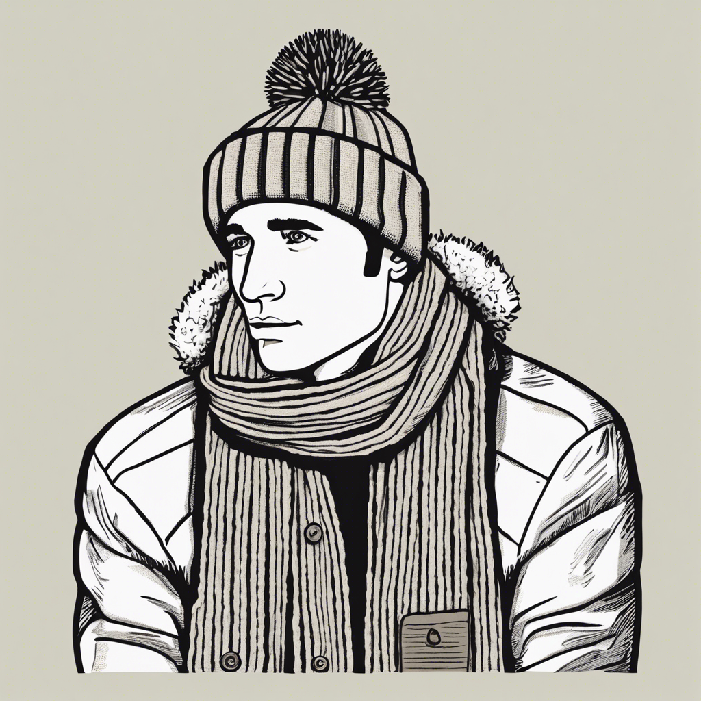 Cozy woolen scarf and a winter cap., illustration in the style of Matt Blease, illustration, flat, simple, vector