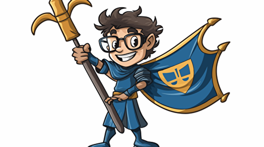 vector illustration of a student holding a blue and gold flag and a foam sword, blue and gold