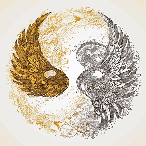 vector complex creion drawings make the most detailed angel wings-themed yin-yang gold and white, kintsugi elements, enclosed in a circle, white backgroung