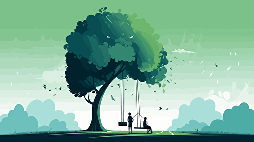 simple, big, beautiful, green tree with a girl on the swing and parents standing looking, blue sky, vector ilustration
