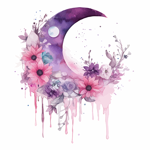 crecent moon with flowers and dripping crystals pinks purples white background vector