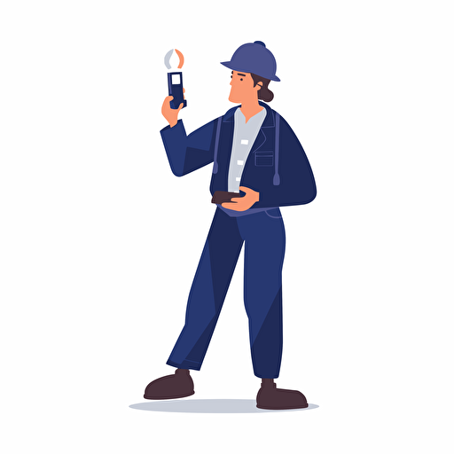 engineer wearing a hardhat, dark blue jacket, work shoes, holding flashlight. extreme simple, White Background. Vector cartoon.
