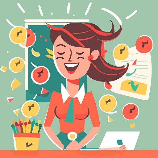 illustrated image of a teacher taking attendance, kind of happy, bright, 2d vector