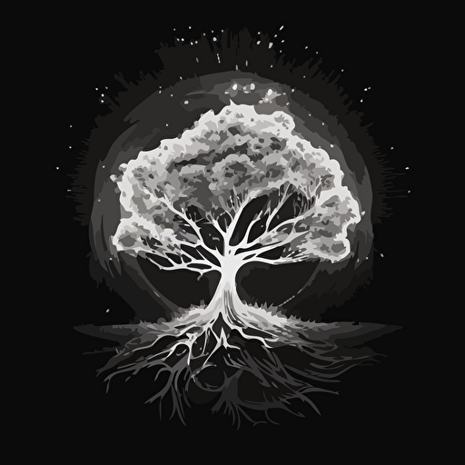 white and black vector image of magical tree surrounded by a forcefield