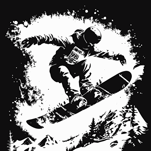snowboarding vector art, black and white only, detailed