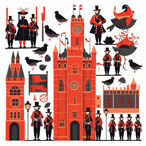 beefeaters yeoman warders, plus tower of london and ravens, a set of stickers paper cutouts for scrapbooking collage. Vector image of Westminster London, full view, highly quality, no text, illustration,