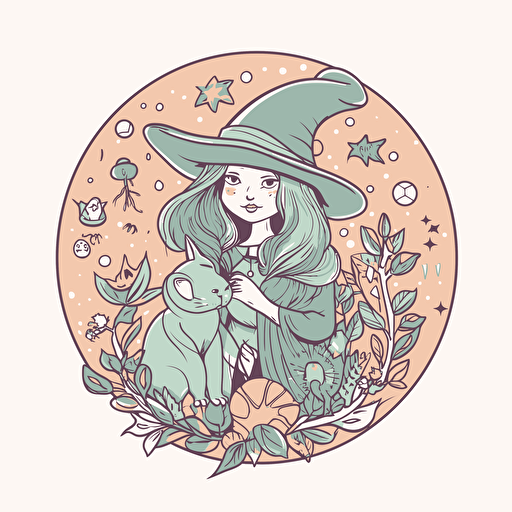 witchy, Sticker, Cute, Muted Color, Naive Art Style, Contour, Vector, White Background, Detailed