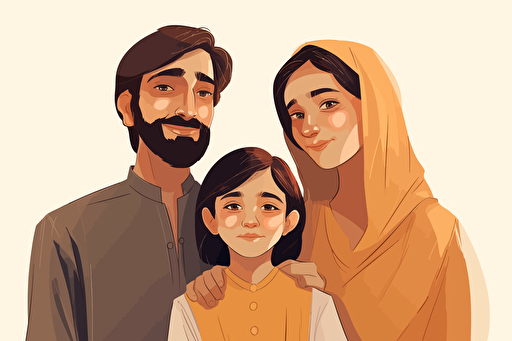A low income family, flat style illustration for Eid in Pakistan, flat design vector, industrial, light and magical, high resolution, engineering/ construction and design, colored cartoon style, light indigo and light gold, cad( computer aided design)