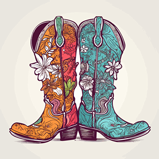 adorable brightly colored pair of cowboy boots with floral design on a white background + doodle style + white background + simple vector + bright colors