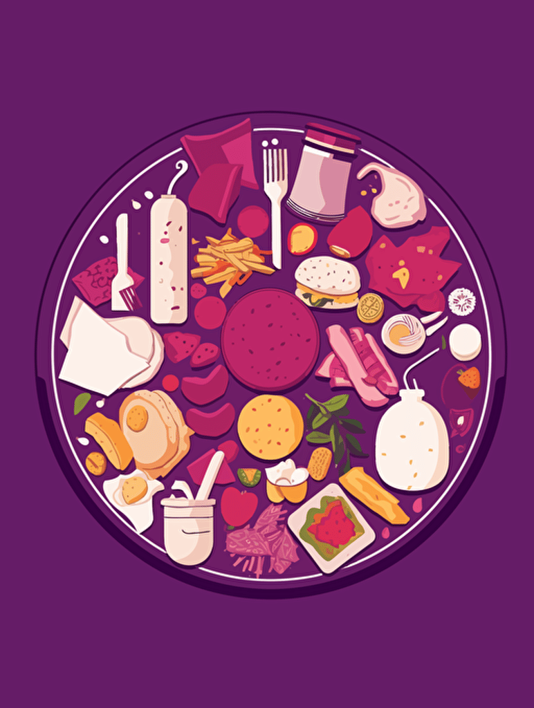 a plate of fast food waste, minimalist, detailed, vector style, blank space, lots of food waste, flat, purple solid background
