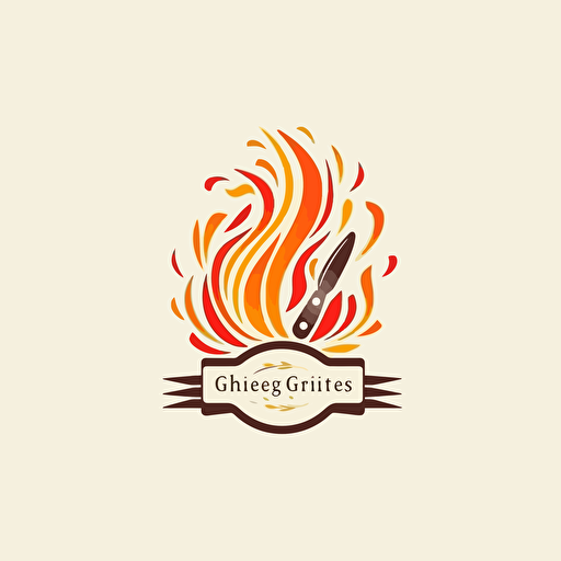 abstract vector logo emblem of chef's knife, fire, pasta and plate. Style of olive garden, White background