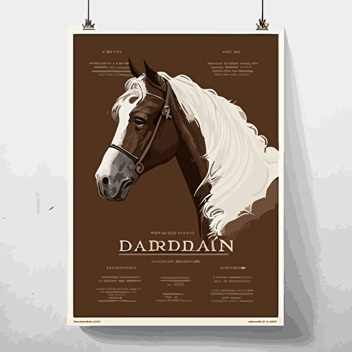 affiche, A3, publicité, écurie, vente, cheval marron devant et blanc back, style 1800, illustration, vectorized, flat, sans fond