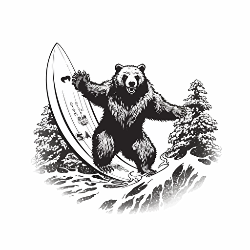 grizzly bear, fun surfs up, hang ten symbol, black and white vector, white background
