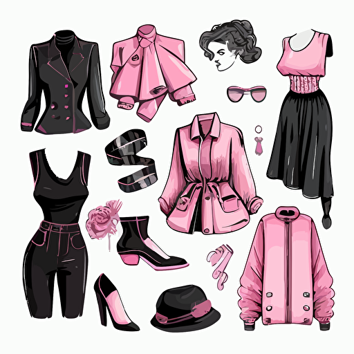 set of isolated illustrations, luxury 80's women clothes. handrawn, vector, white solid bg, pink and black