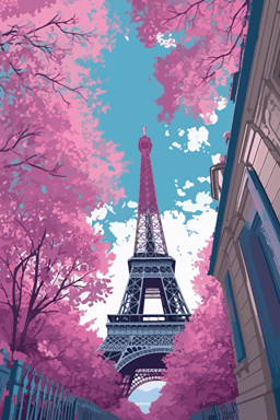 flat vector art illustration | travel poster featuring | Eiffel Tower Paris | Pastel Blues, Pinks, Purples | Wide Angle | detailed object