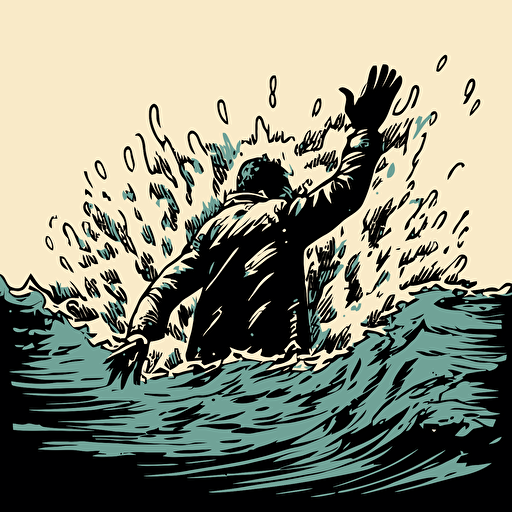 vector art of a man reaching out to someone drowning in water, ink draw