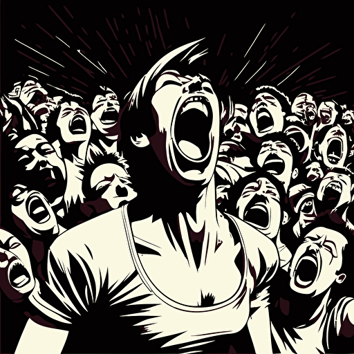 very detailed vector illustration of a screaming, angry crowd
