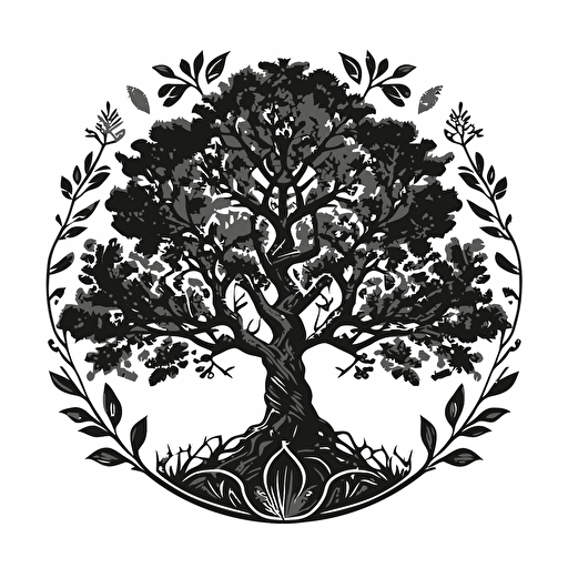 a black and white vector logo of an oak tree with branches forming a crown