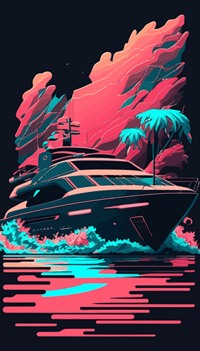 luxury motor yacht on see, waves, islands, flat abstract minimalistic vector style, vibrant neon colors, pink, light blue
