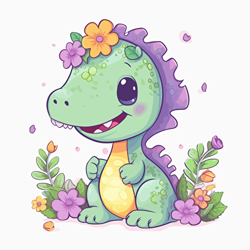 cute dinosaur with flowers, detailed, cartoon style, 2d clipart vector, creative and imaginative, hd, white background
