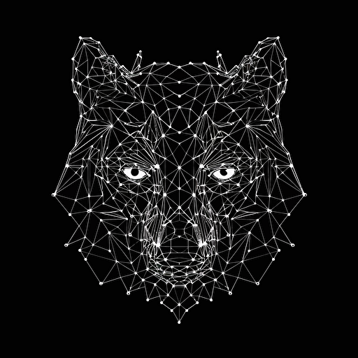 Angry sacred geometry wolf, Banksy style, black background, large closed shapes, fantasy roboter, white space to fill, abstract, artistic, pen outline, white background, very simple, full field of view, centre, minimalistic logo vector art , simple flat vector logo