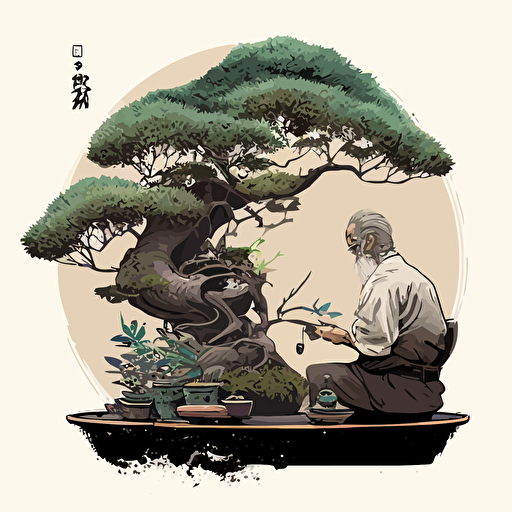 Drawing from the Japanese art of bonsai, design a vector illustration of Satoshi Nakamoto meticulously tending to his bonsai collection, carefully pruning and shaping the miniature trees. Set the scene in a serene garden surrounded by nature.