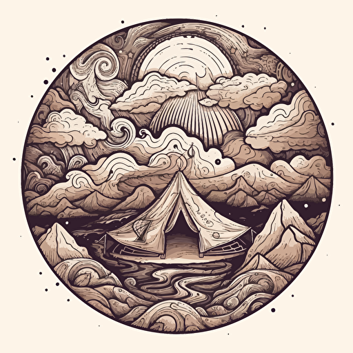 rolling mountains, single tent, campfire atmospheric clouds vector doodles ilustration minimalistic sacred geometry in a circular pattern, angelic