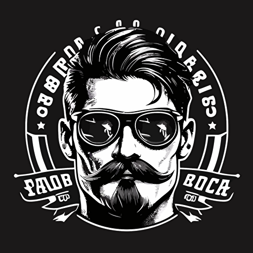 motorcycle club logo, mustache hipster wearing motorcycle glasses, simple vector, black and white