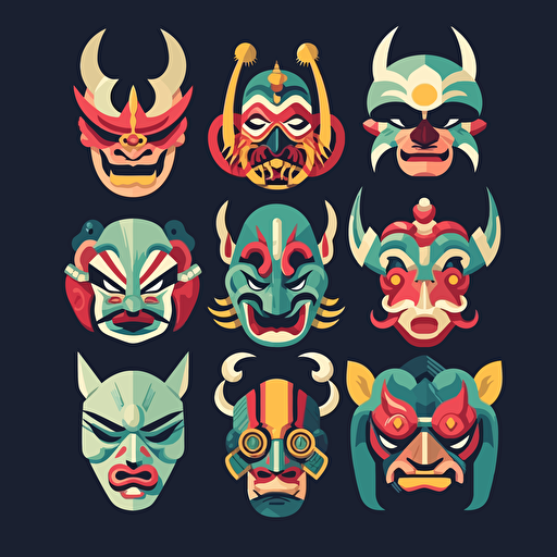 assorted group of azuki masks, illustration, flat art, vectorized