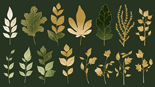 flat image, leaves set, green, beige, gold, vector