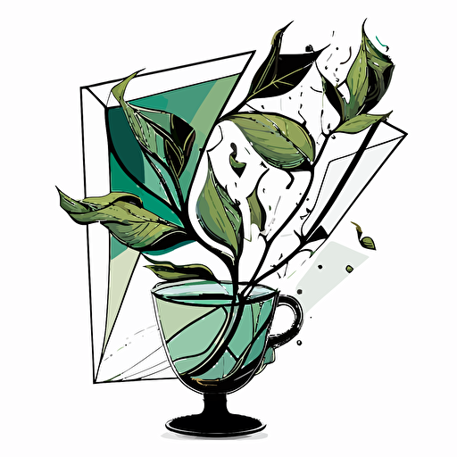 abstract vector art of green leaves, flying cup of tea, botanica, cubist style, 2d, black outline