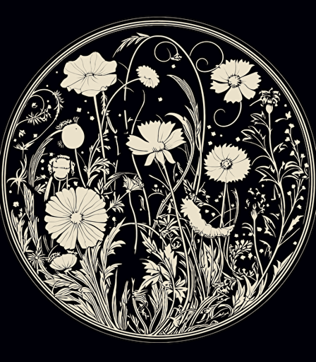 blooming wildflowers vector, white on black background, swirling art nouveau, circular pattern