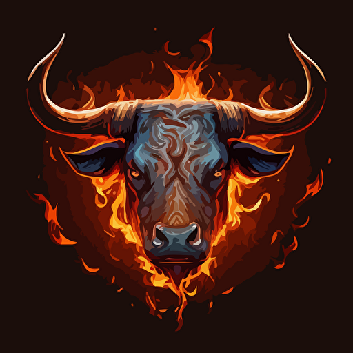 an emblem of a mad bovine on fire, vector, simple