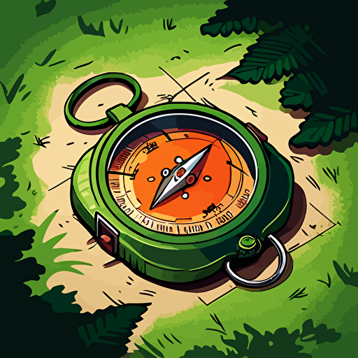 a cute, comic style, illustrated, vector image of an orienteering compass seen from above