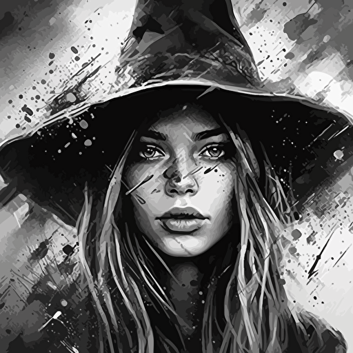 black and white witch girl print by starkneeds design, in the style of patrice murciano, alena aenami, emerico imre toth, contest winner, misty atmosphere, the stars art group (xing xing), simplistic vector art