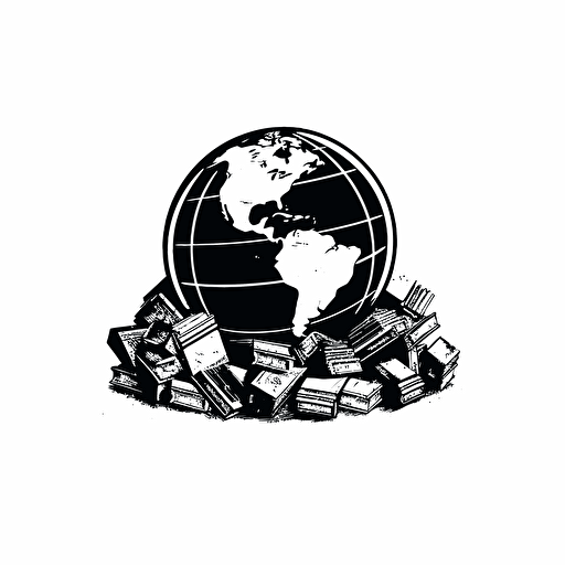 retro pictorial iconic logo of globe sitting in a pile of money. black vector. white background.