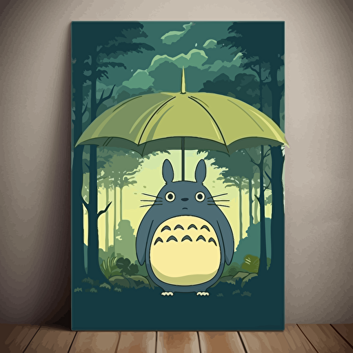 Movie poster, minimalist, vector, art deco, Minimalist movie poster, of totoro standing in a lush forest with an umbrella 2:3