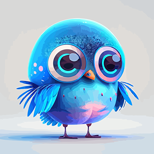 happy, cute, fat, robotic blue bird, big head, large eyes, subtle gradients, colorful feathers, flat style, vector art, 2d