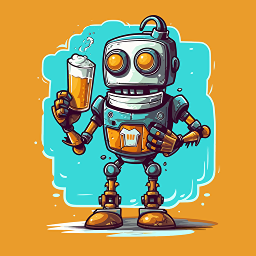 happy robot holding a beer, cartoon graffiti, vector, no background, surfer