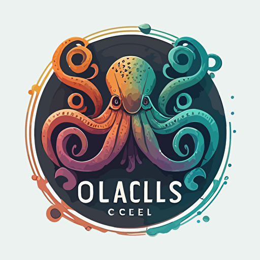 circle logo design, flat 2d vector logo of a octopus, muted rainbow colors, 80s, zodiac-inspired