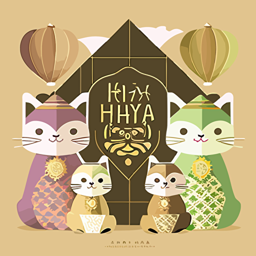 selamat hari raya greeting card, ketupat decoration on top, with cats infront, cute vector art