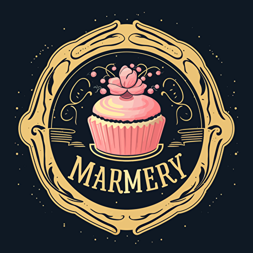 Create a modern logo with three vector cakes, the center cupcake with a mother and two daughters all in a circular frame. do it with gold, old pink and black colors, with letters around it that say mariamy cakes and desserts