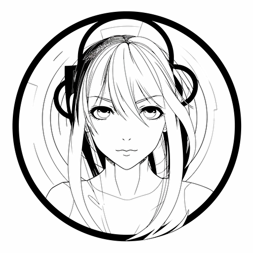 black and white, thick line, very simple abstract 2d vector logo of hatsune miku, circle around