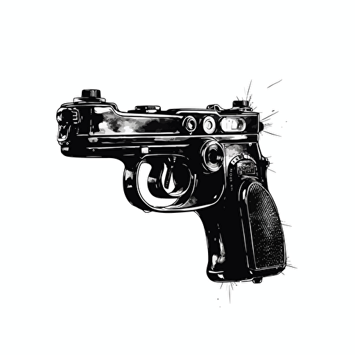 Modern logo of old film camera mixed with a gun, black vector, on white background