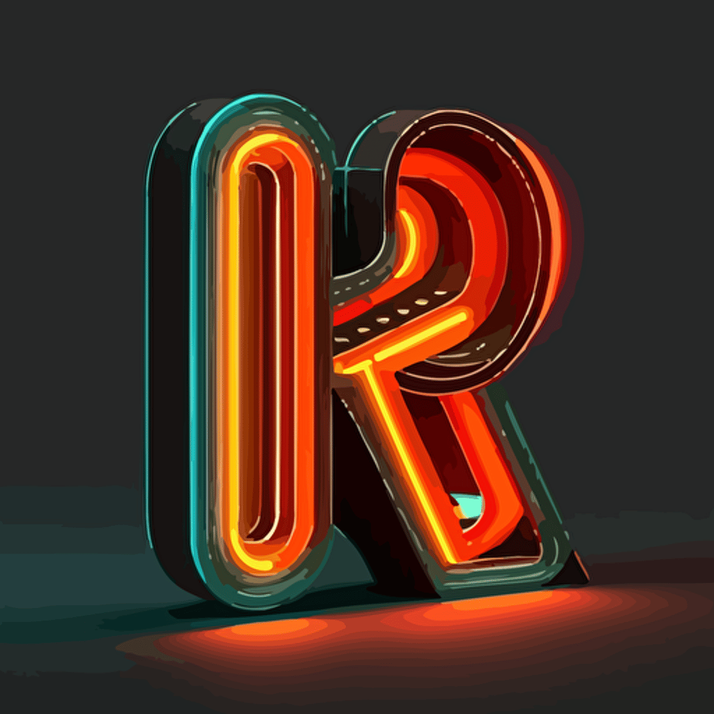 letter "R", logo, rock n roll style, warm neon light , minimal, vector, simple, flat , white background