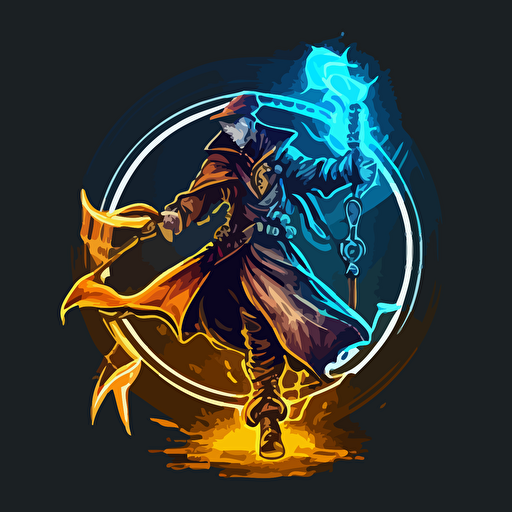 A_coin_emblem_logo_for_a_Old Mage with a lightning staff in an action pose, Above waist only, code style, color, vector