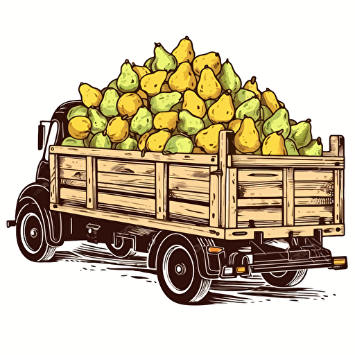 old country truck with wooden trailer full of only yellow-white pears fruit, pears falling out, colorfull, vivid colors, white background, vector style