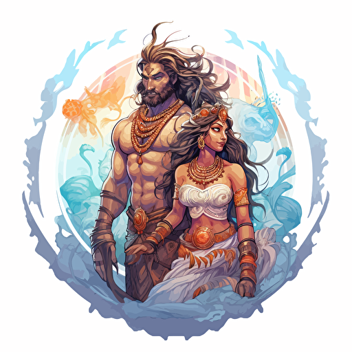 round up design with digital illustration of shiva and parvati, magic world inspired by Studio Ghibli, vector illustration, intricate details, unreal engine, extremely high detailing, sharp, white background