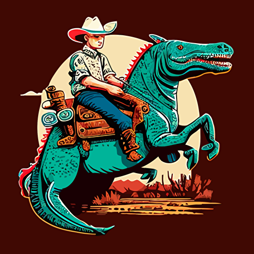 eligator in cowboy style sittin on running horse, cartoon style in decoit, pop colors, vector art
